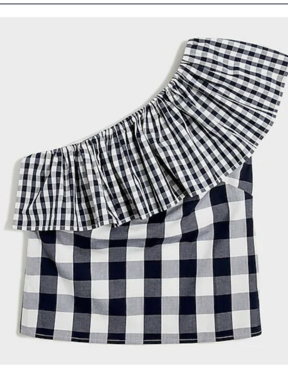 J. Crew Navy Blue and White Gingham One-Shoulder RuffleTop